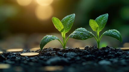 Financial growth concept with plants growing out of coins