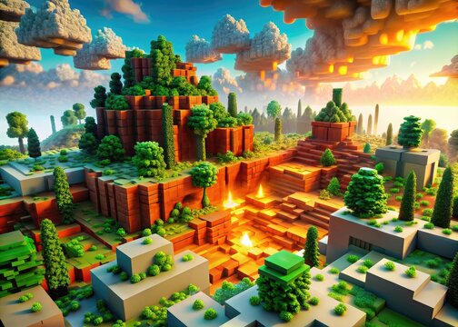 Blocky digital landscape featuring vibrant pixelated structures, lush green forests, and glowing lava flows, set against a warm sunny sky with fluffy white clouds.