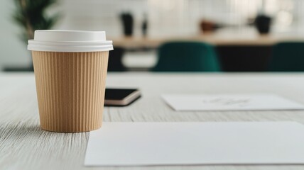 A cozy workspace featuring a latte cup, blank papers, and a smartphone, perfect for productive moments and creative inspiration.