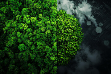 Aerial view of vibrant green forest contrasting with dark clouds, symbolizing nature's beauty and environmental change.