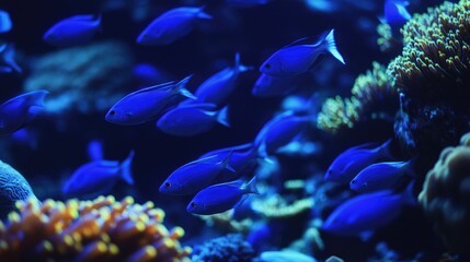Obraz premium A school of bright blue tang fish darting through a coral reef, their vibrant color on display