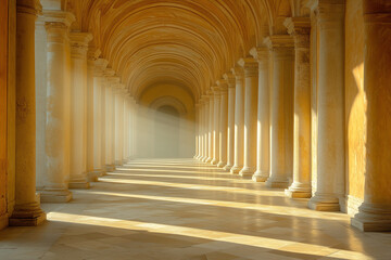 golden sunlit colonnade with arched ceiling and classical columns