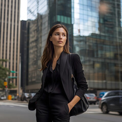 A stylish woman in a black jacket and pants stands confidently in New York City, embodying modern elegance and urban fashion.