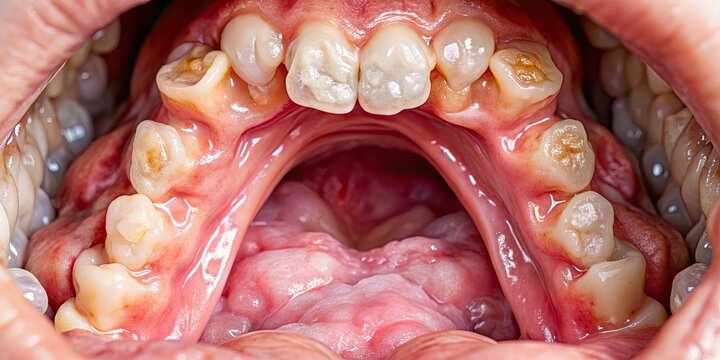 Close-up of the inside of a healthy mouth, showing normal-sized, pinkish-white tonsils with visible crevices, surrounded by moist mucous membranes and soft tissue.