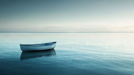 Naklejka premium A small boat floating on a calm ocean, with soft waves gently rocking it under a clear sky.