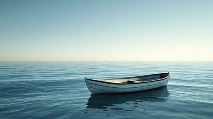 Naklejka premium A small boat floating on a calm ocean, with soft waves gently rocking it under a clear sky.