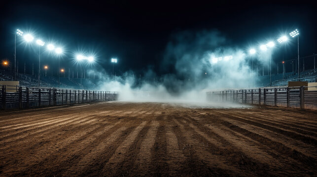 Empty rodeo arena at night with bright lighting and fog, featuring dirt floor and metal fencing, with spectator stands visible on both sides.