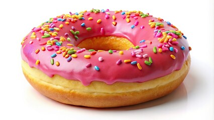 Colorful, whimsical illustration of a delicious, sugary donut with bright pink frosting and sprinkles, set against a clean white background, perfect for sweet treats and bakery themes.