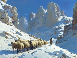 Naklejka premium Serene Shepherd with Flock Amidst Majestic Mountain Landscape