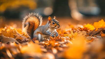 Squirrel Among Autumn Foliage – Captivating Wildlife Scene Featuring a Cute Squirrel in Vibrant Orange Leaves and Fall Colors, Highlighting the Beauty of the Fall Season in a Woodland Setting