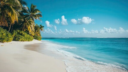 A tropical lagoon with small waves gently lapping against the white sandy shores.