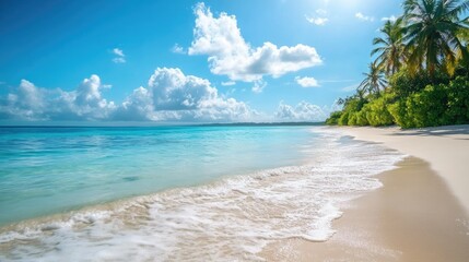 A tropical lagoon with small waves gently lapping against the white sandy shores.