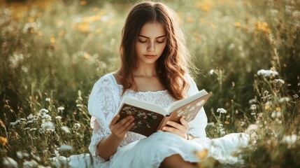 Naklejka premium Teenager reads in field.
