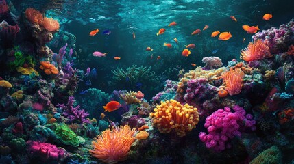 A vibrant coral reef full of marine life, including fish, anemones, and sponges.