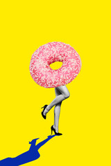 Vertical creative art collage of sexy smooth legs wear heels instead body donut sweet confectionary dessert isolated on painting background