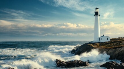Obraz premium Majestic lighthouse overlooking rugged coastline, powerful waves crashing against rocks, coastal scenery showcasing nature's beauty and maritime heritage.