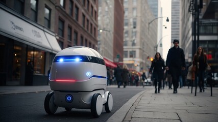 Fototapeta premium Autonomous delivery robot navigating city sidewalk with led lights