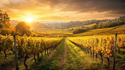 A vineyard in the countryside with rows of grapevines ready for harvesting. -