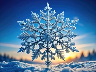 Delicate, intricate snowflake silhouette against a bright blue winter sky, with subtle frosty edges and ethereal, feathery patterns, evoking a sense of serene winter wonder.