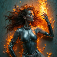 burning woman holding fire lying floor fighter