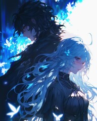 Fototapeta premium Anime Girl with Silver Hair in White Outfit, Standing in Front of a Boy with His Back Turned