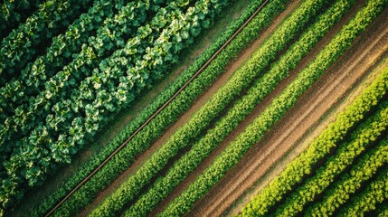 Aerial view of a large-scale farm with neatly arranged rows of crops.
