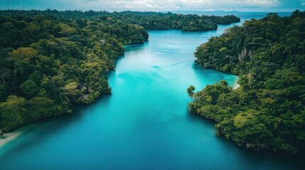 Obraz premium Aerial view of a turquoise lagoon surrounded by lush tropical vegetation under a bright sky.