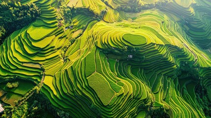 Aerial view of terraced rice fields, showing the beauty and complexity of traditional agriculture.