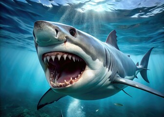 Fototapeta premium Fierce open jaws of a powerful great white shark, teeth sharp and menacing, revealing a dark interior, with a subtle gradient of turquoise ocean water.
