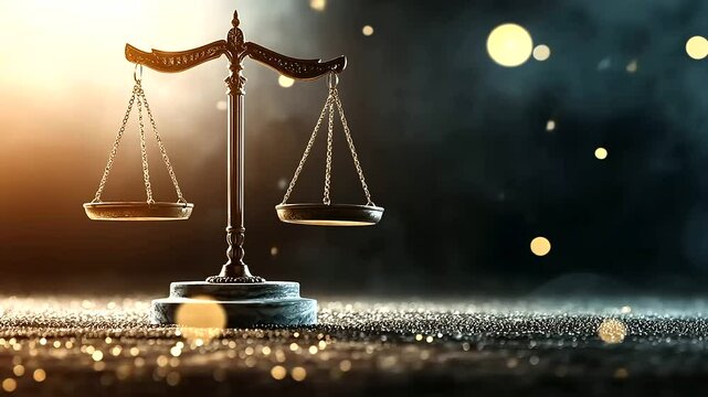 Golden scales of justice standing on a marble pedestal, with a dark, moody background, evoking the solemnity of judicial law