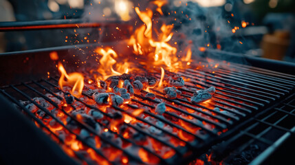 Close-up of a charcoal grill with glowing embers and flames, showing an active grilling scene with intense heat and sparks.