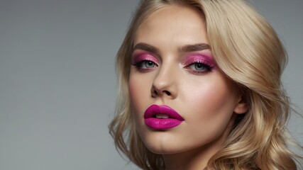 Fototapeta premium Beautiful blond woman wearing pink lipstick and eyeshadow