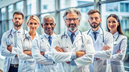 Fototapeta premium This image captures a confident and diverse team of doctors standing together in a hospital setting Multi ethnic medical professionals wearing white coats and stethoscopes