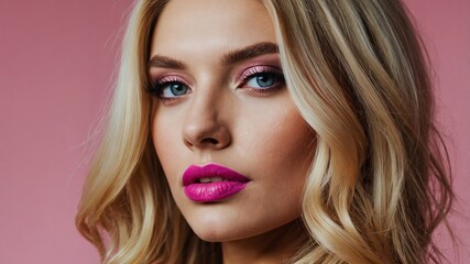 Fototapeta premium Beautiful blond woman with pink lipstick and eyeshadow