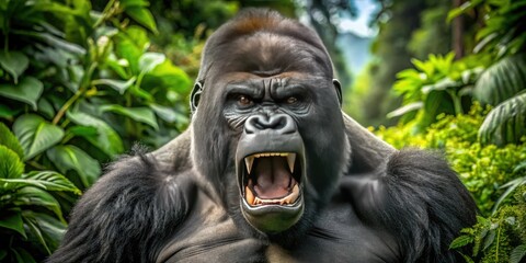 Obraz premium Furious silverback gorilla beats chest with fists, baring sharp teeth and intense gaze, amidst lush green jungle foliage, conveying primal power and untamed aggression.
