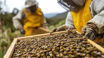 Beekeepers inspecting a hive on a farm, promoting pollination and the health of the agricultural ecosystem