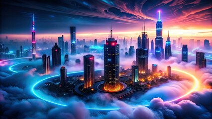 Obraz premium Glowing neon lights swirl amidst misty fog, creating a mesmerizing, futuristic cityscape backdrop with a sense of mystery and otherworldly allure.