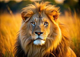 Fototapeta premium Golden-eyed lion gazing intensely with whiskers twitching, ears perked up, and majestic mane framing its rugged, sun-kissed face, set against a warm savannah background.