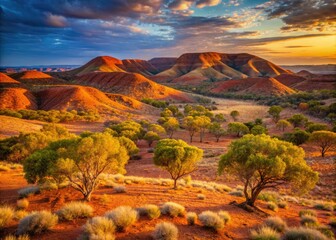 Golden hour casts a warm glow on rugged, rust-red hills, scattered with twisted scrub trees, in the vast, arid expanse of the Australian outback landscape.