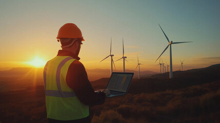 Young male engineer working with laptop computer with wind farm, inspecting wind turbine generator, concept of clean energy, renewable, environmentally friendly.