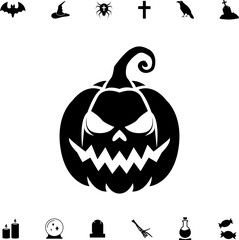 Horror and scary halloween faces silhouette icon, Pumpkin, emoji and tattoo ghost smile spooky jack evil mouth eyes scary silhouette vector illustration 