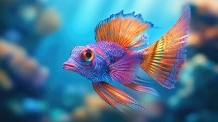 Fototapeta premium Close-up of a beautiful, exotic sea fish with elaborate fins and striking colors, set against a blurred ocean background