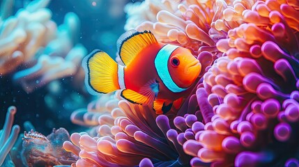 Close-up of a clownfish nestled among sea anemones, highlighting the mutual relationship in a vibrant underwater environment.