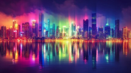 Neon Cityscape: Abstract Urban Skyline Reflections in Vibrant Colors