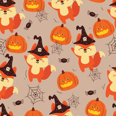 seamless pattern cartoon fox with halloween vibes. cute halloween wallpaper for fabric print, gift wrap paper