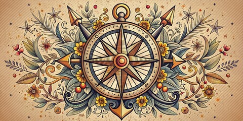 Naklejka premium Intricate illustration of compass with surrounding floral patterns, anchors, and stars, ideal for tattoo inspiration, featuring bold lines, subtle shading, and vintage aesthetic.