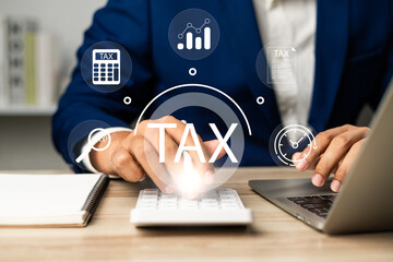 Tax and Vat concept. Government, state taxes concept. Businesman using calculator and laptop to complete Individual income tax return form online for tax payment. Data analysis, financial research.