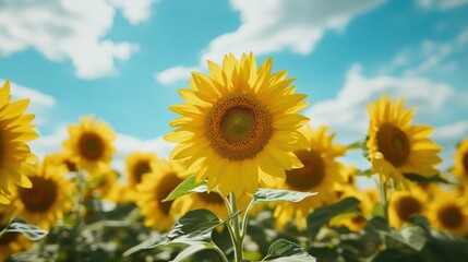 Close-up of a sunflower field, with vibrant yellow blooms stretching towards the sky.