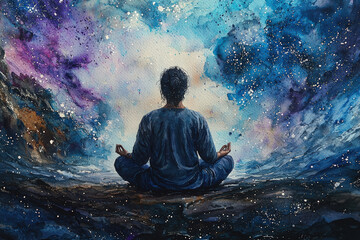Obraz premium A wise ancient figure meditating in serene cosmic environment, surrounded by vibrant colors and starry sky, evokes sense of peace and tranquility