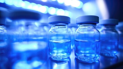 Vials of Medical Products in Cold Storage with Cool Blue Lighting and Blurred Background